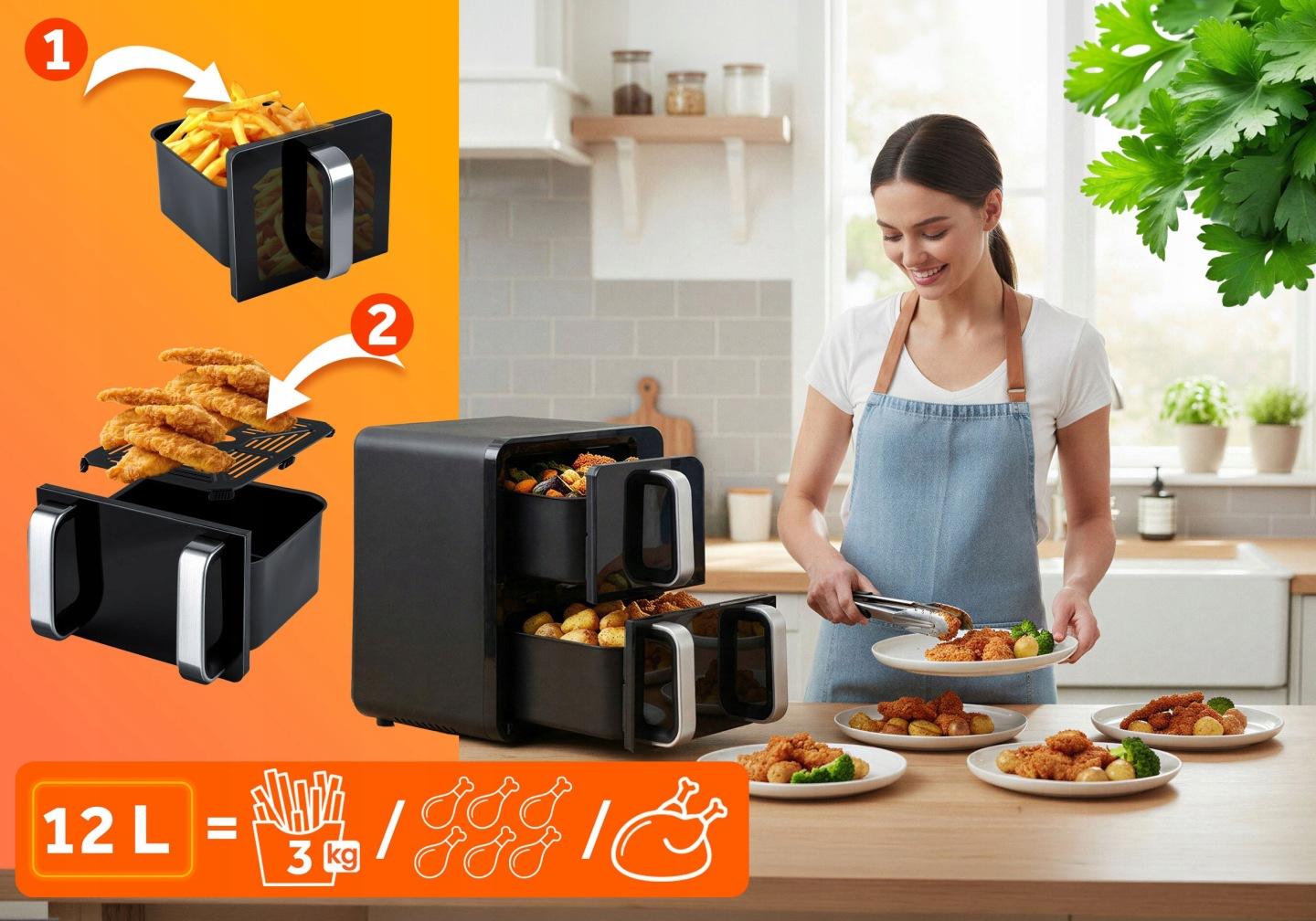 Termékkép 2: Berdsen kétkamrás forrólevegős sütő 12 l, 2800 W J-366400