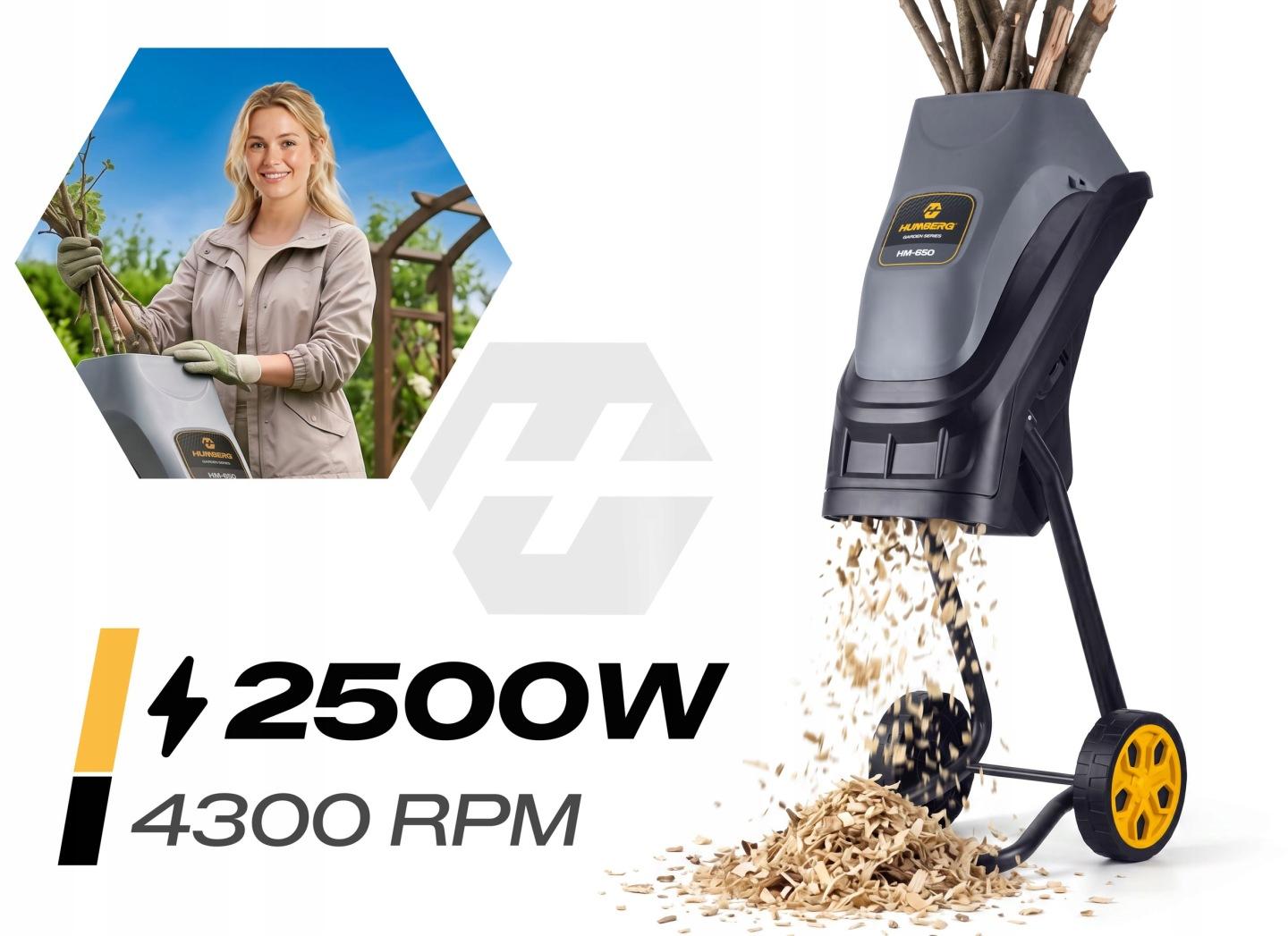 Triturator electric de crengi Humberg HM-650 2500 W, 44 mm, 2 x sac de colectare 45 l J-565000