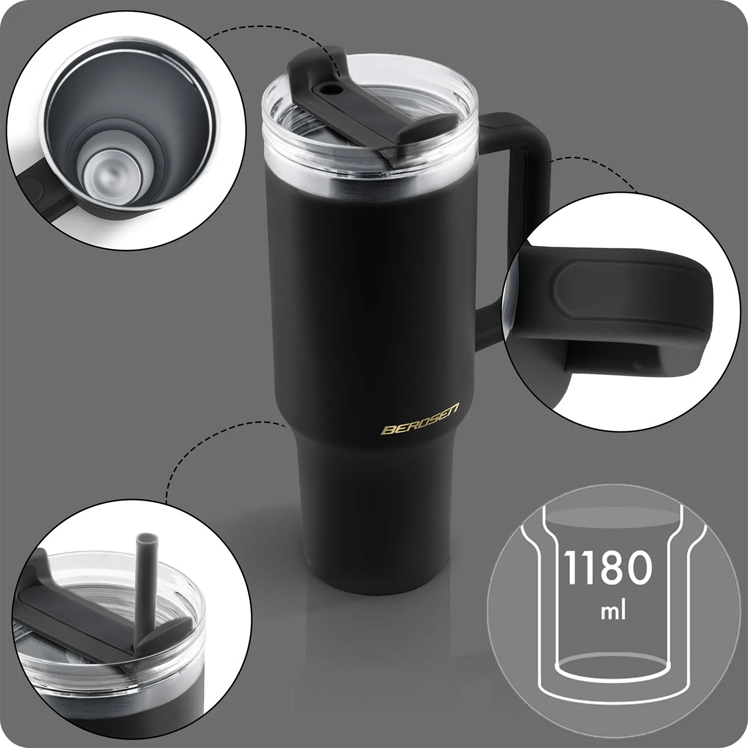 Termékkép 12: Vákuumos termoszpohár szívószálkészlettel 1180 ml Berdsen, fekete