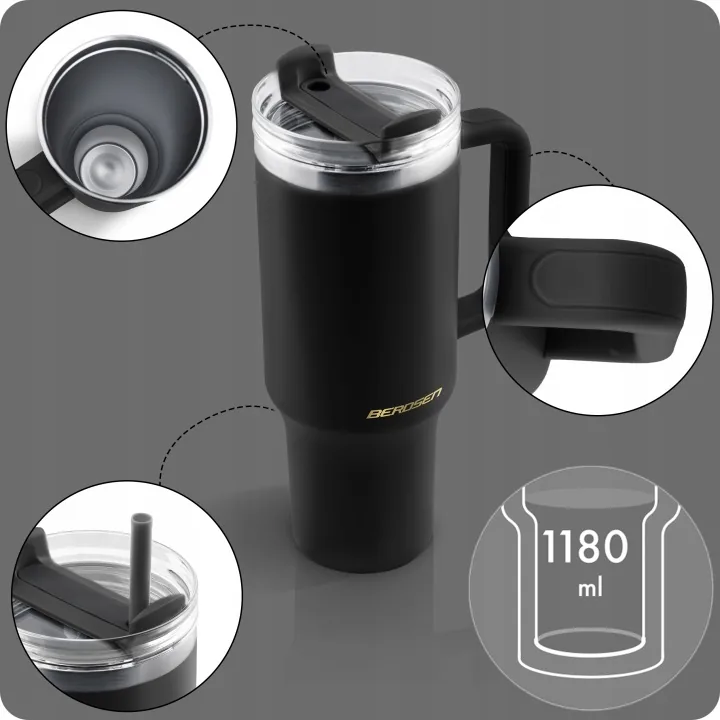 Detail produktu 5: Vakuový termohrnek se sadou brček 1180 ml Berdsen černý