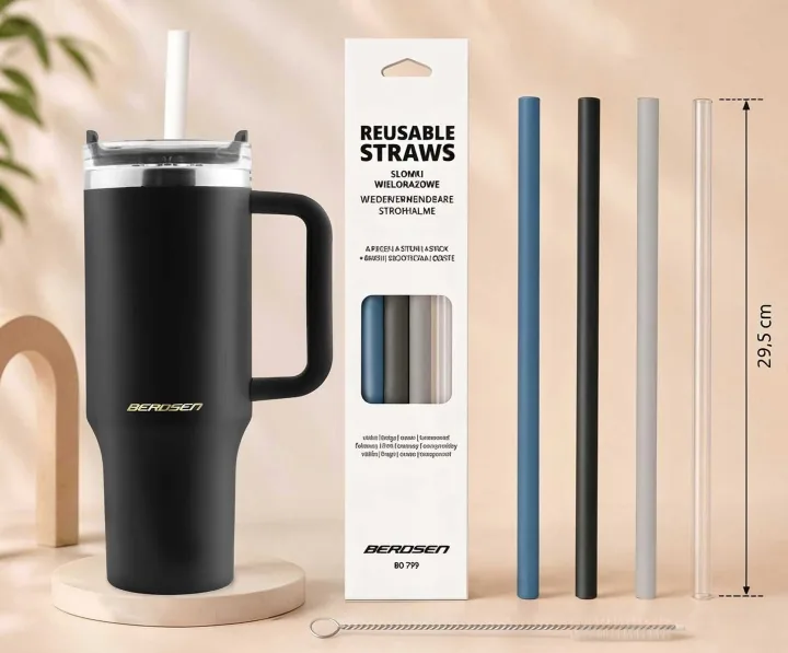 Detail produktu 4: Vakuový termohrnek se sadou brček 1180 ml Berdsen černý