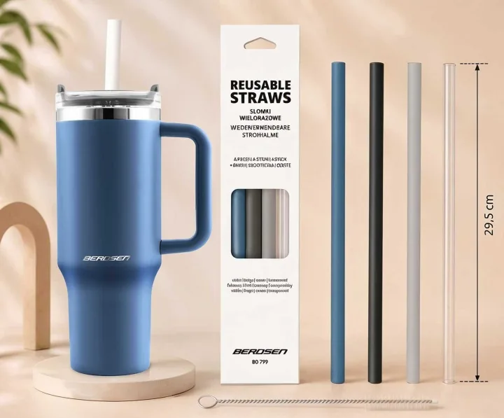Detail produktu 4: Vakuový termohrnek se sadou brček 1180 ml Berdsen tmavě modrý