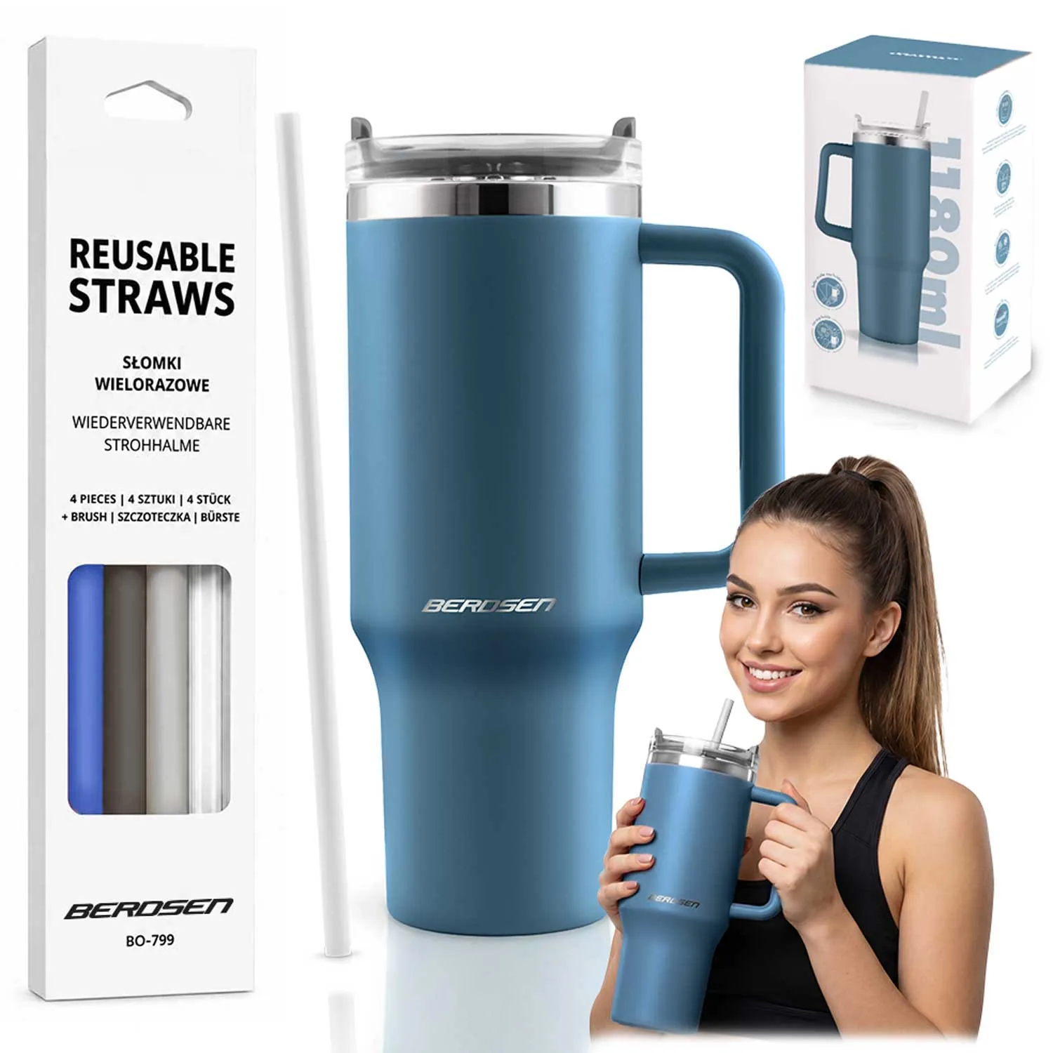 Vákuumos termoszpohár szívószálkészlettel 1180 ml Berdsen sötétkék