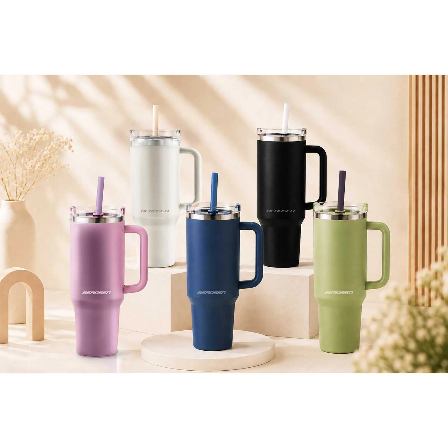 Termékkép 22: Berdsen vákuumos termoszbögre szívószál-készlettel, 1180 ml, rózsaszín