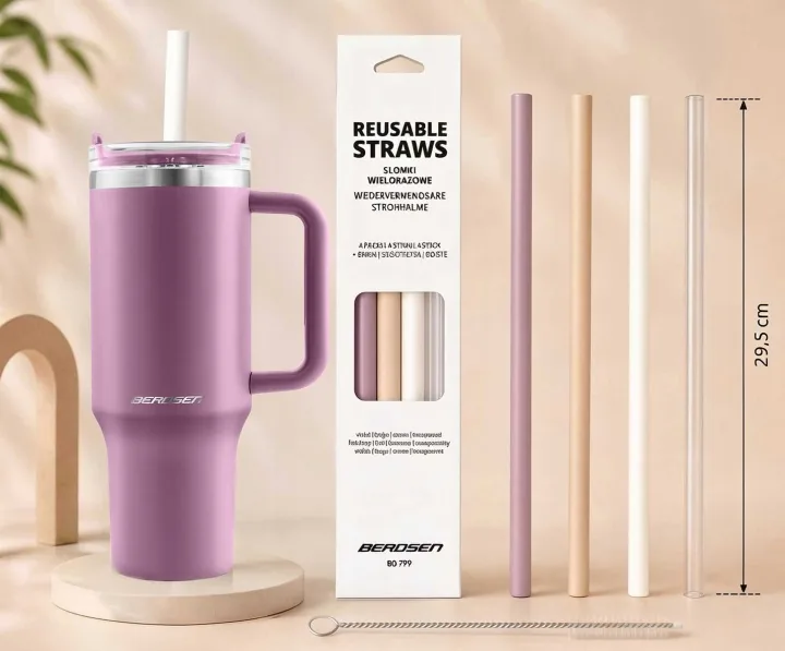 Detail produktu 4: Vakuový termohrnek se sadou brček 1180 ml Berdsen růžový