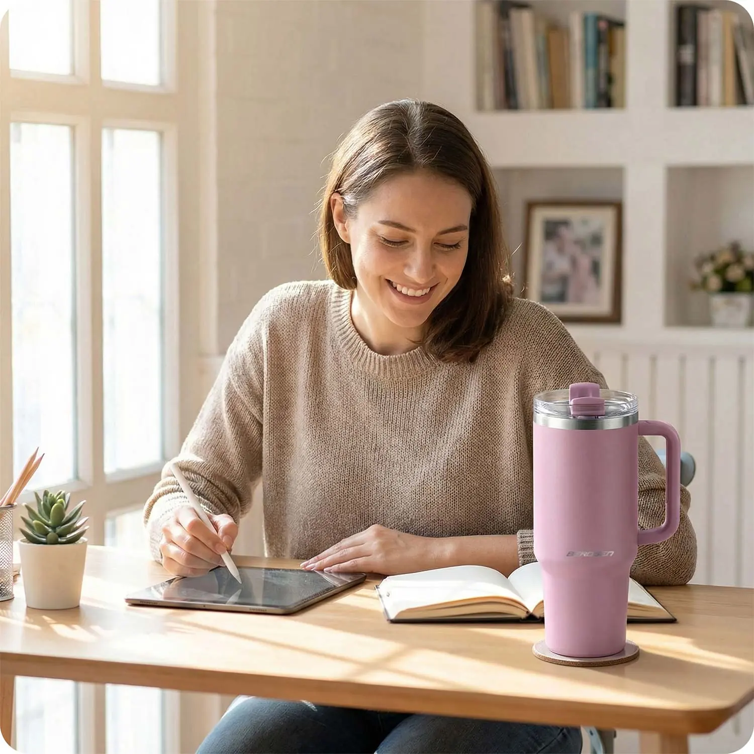 Termékkép 11: Berdsen vákuumos termoszbögre szívószál-készlettel, 1180 ml, rózsaszín