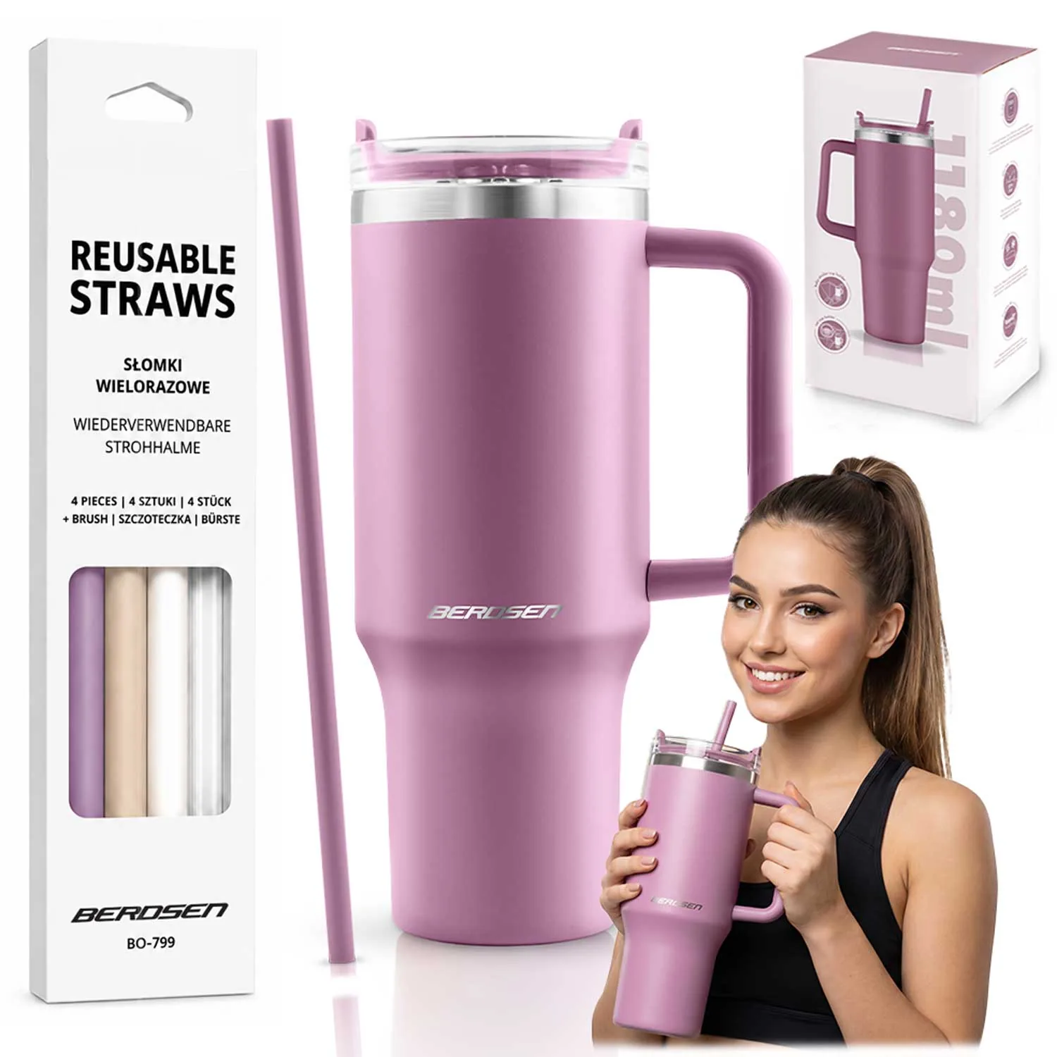 Berdsen vákuumos termoszbögre szívószál-készlettel, 1180 ml, rózsaszín
