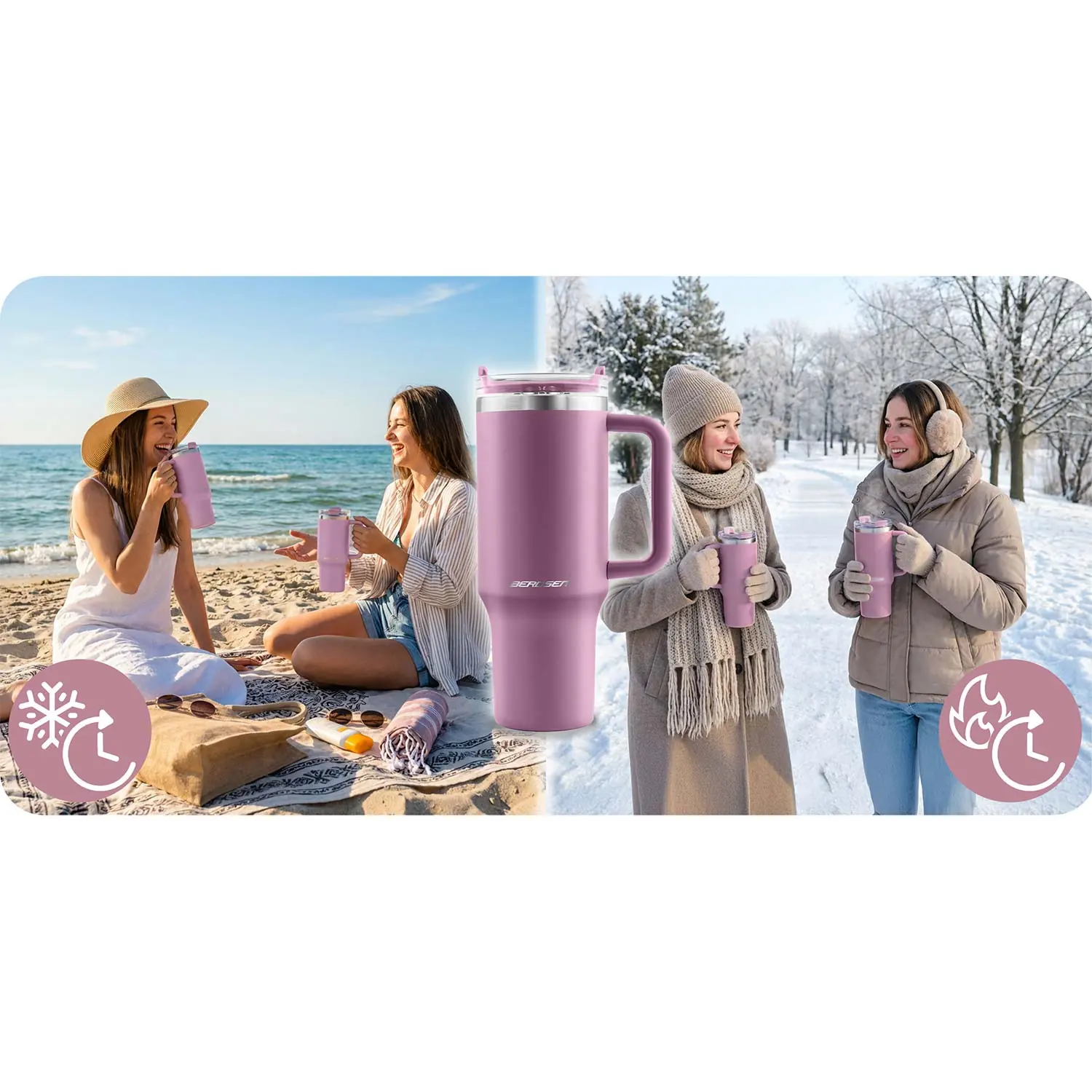 Termékkép 23: Berdsen vákuumos termoszbögre szívószál-készlettel, 1180 ml, rózsaszín