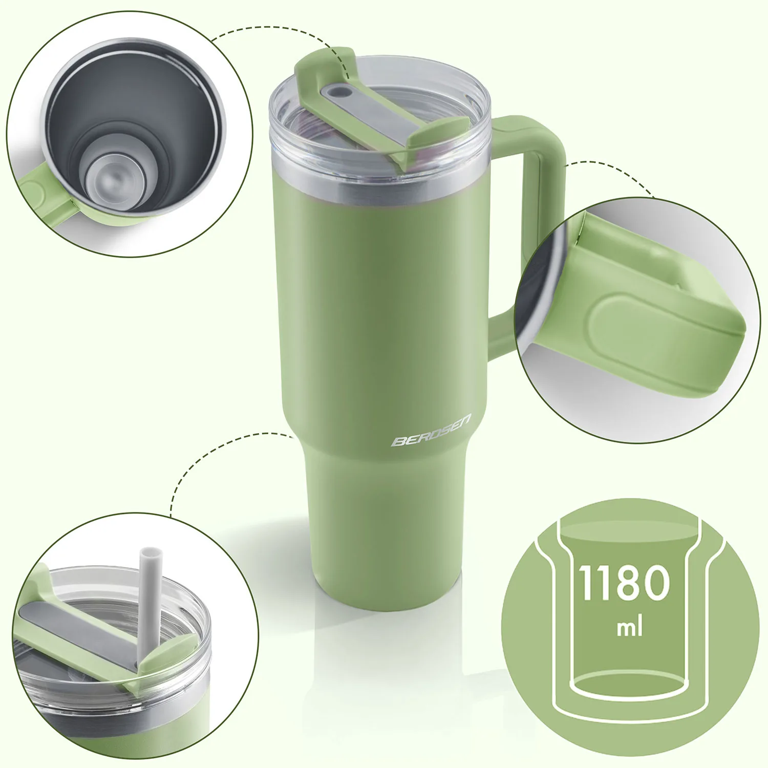 Termékkép 5: Vákuumos termoszpohár szívószállal, 1180 ml, Berdsen, zöld