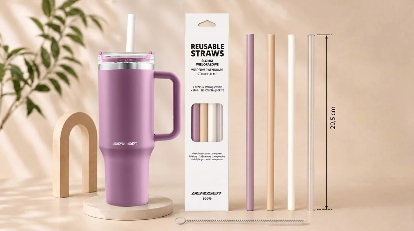 Detail produktu 2: Opakovaně použitelná brčka do poháru Berdsen, plastová, sada 4 + kartáček