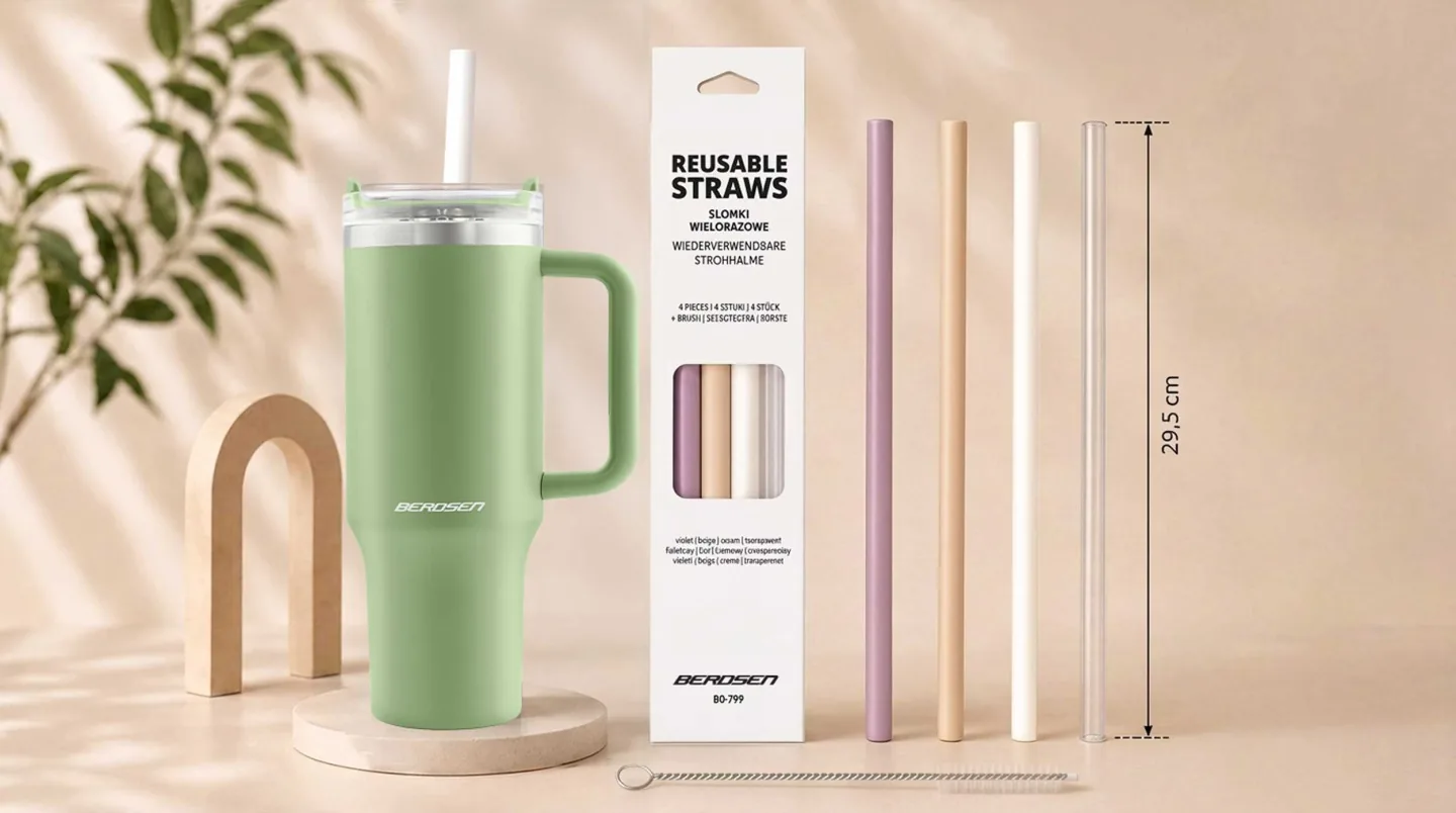 Detail produktu 10: Opakovaně použitelná brčka do poháru Berdsen, plastová, sada 4 + kartáček