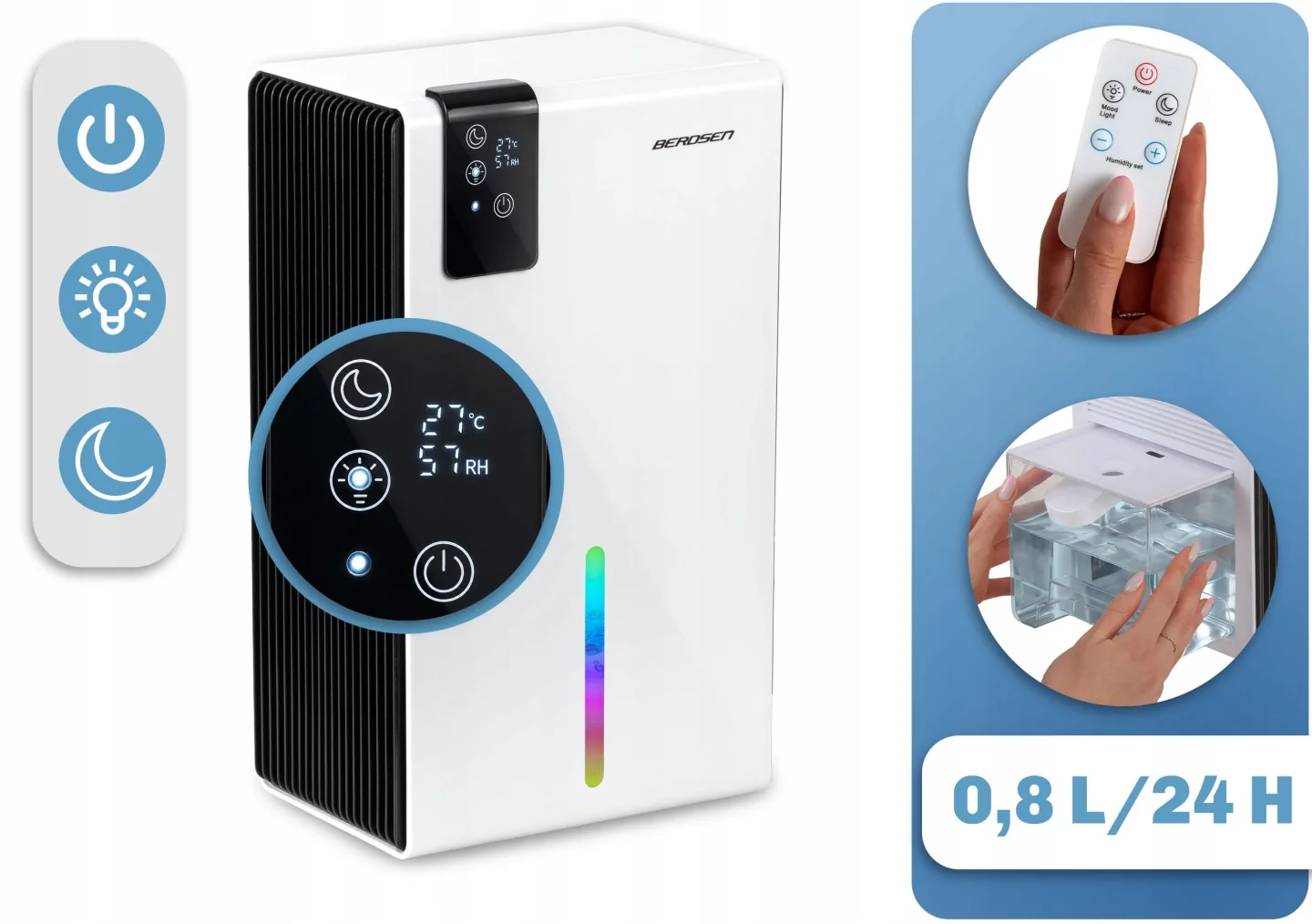 Páramentesítő – nedvességelnyelő 800 ml/24 h, higrosztátos Berdsen BD-856, fehér