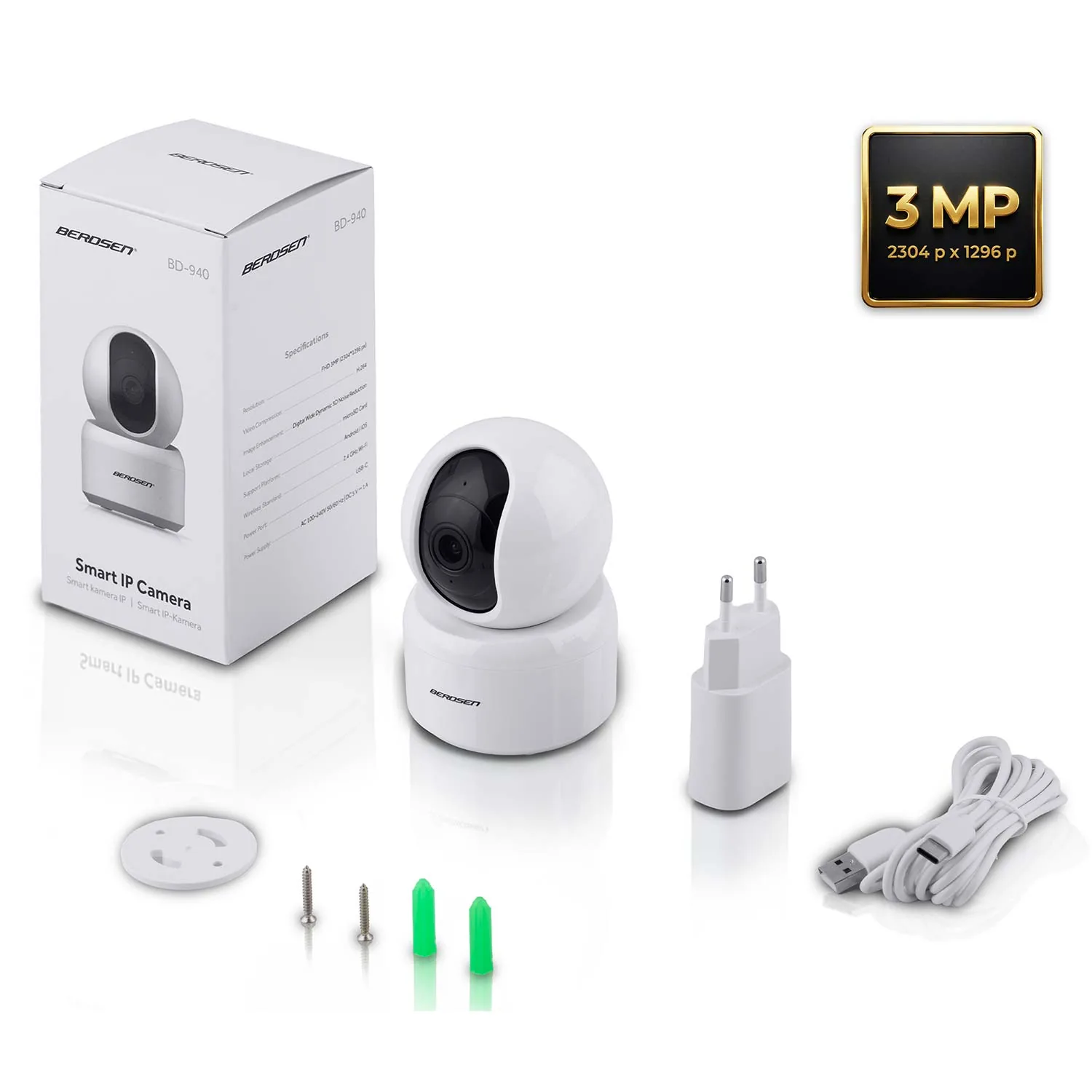 Slika proizvoda 14: Rotirajuća Wi‑Fi IP kamera za unutarnju upotrebu 3 Mpx Berdsen BD-940 J-394000