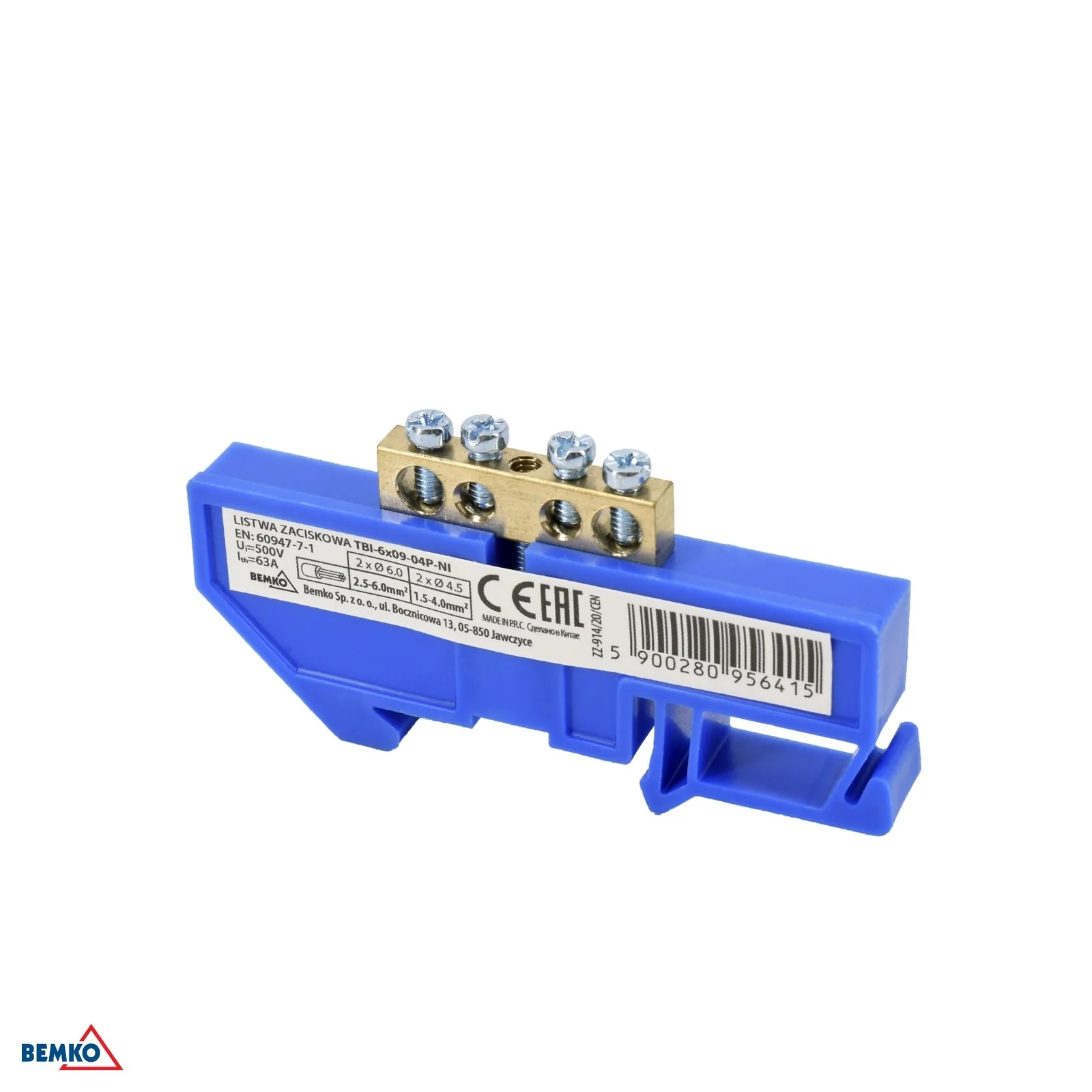 Schelinger modulna sponka za DIN letev 63A 500V 1 modul modra BM-A18-TBI-6X09-04P-NI