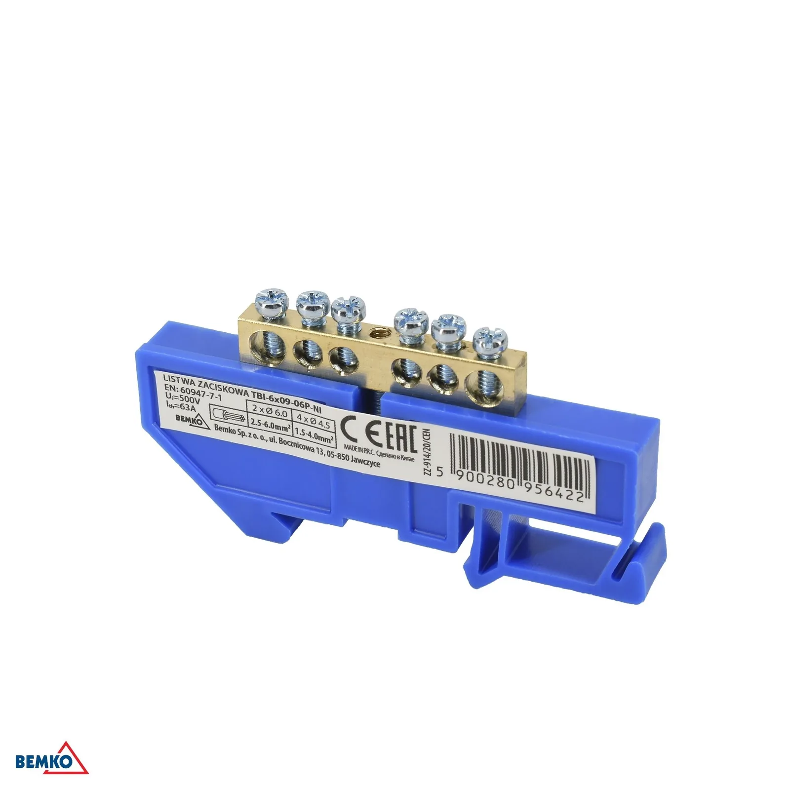 Svorkovnica za DIN šinu 1 modul 63A 500V plava Schelinger BM-A18-TBI-6X09-06P-NI
