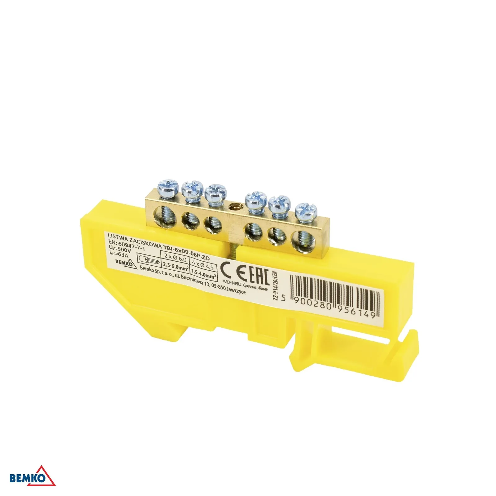 Schelinger sponka za DIN letev 63 A, 500 V, 1 modul, rumena BM-A18-TBI-6X09-06P-ZO