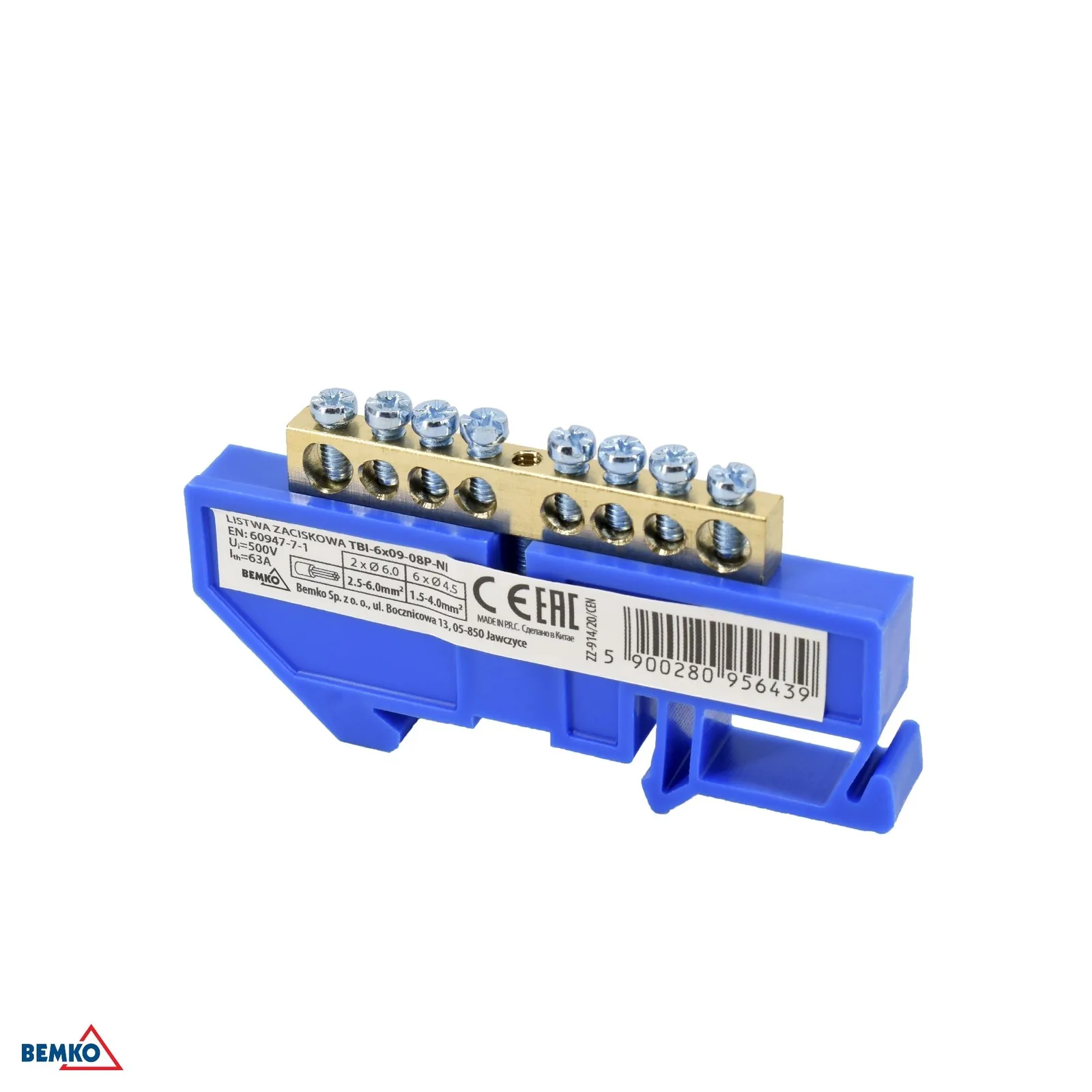Schelinger svorkovnica za DIN tračnicu 6X9 plava 500 V 63 A BM-A18-TBI-6X09-08P-NI