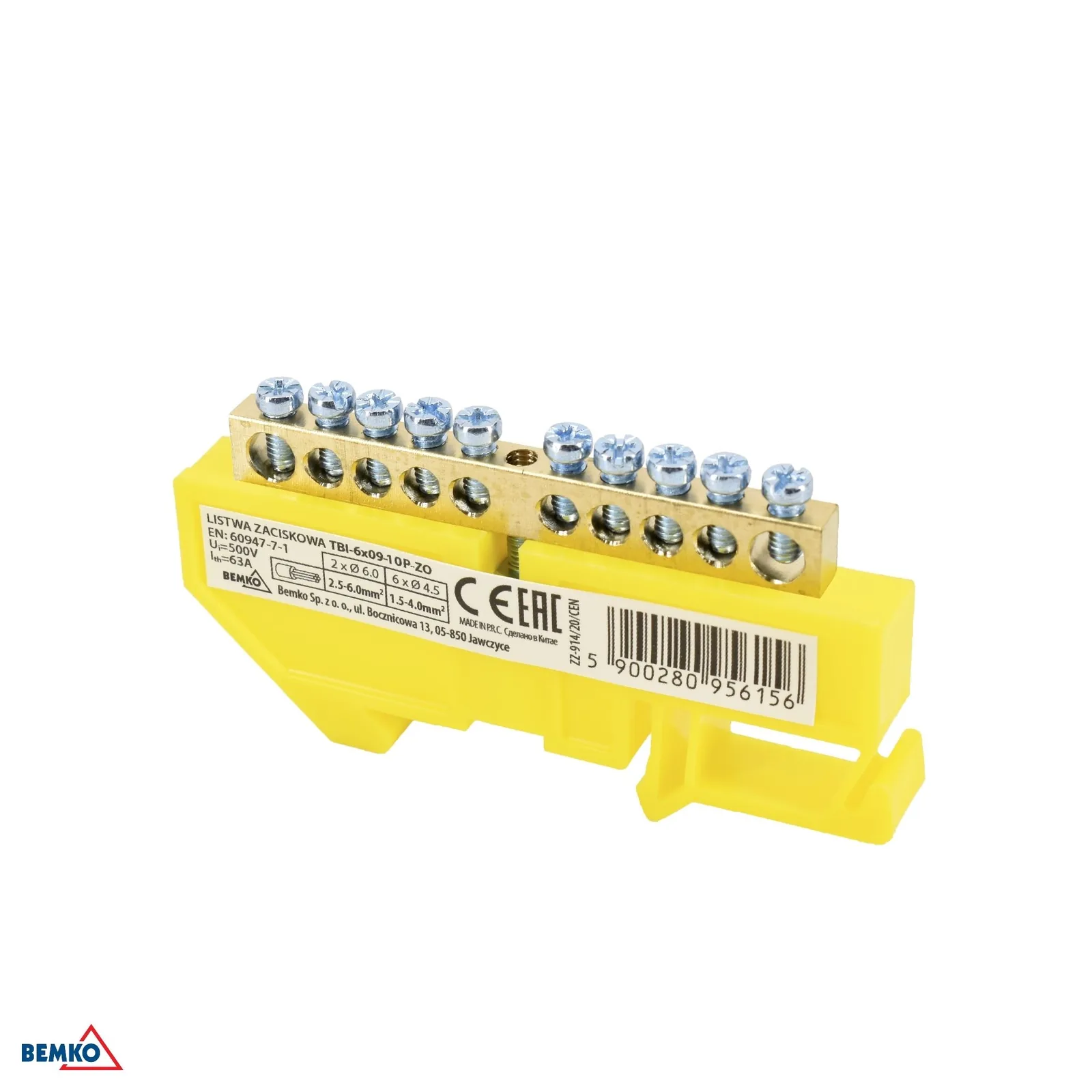 Schelinger sorkapocs DIN sínre, 1 modul, 63 A, 500 V, BM-A18-TBI-6X09-10P-ZO