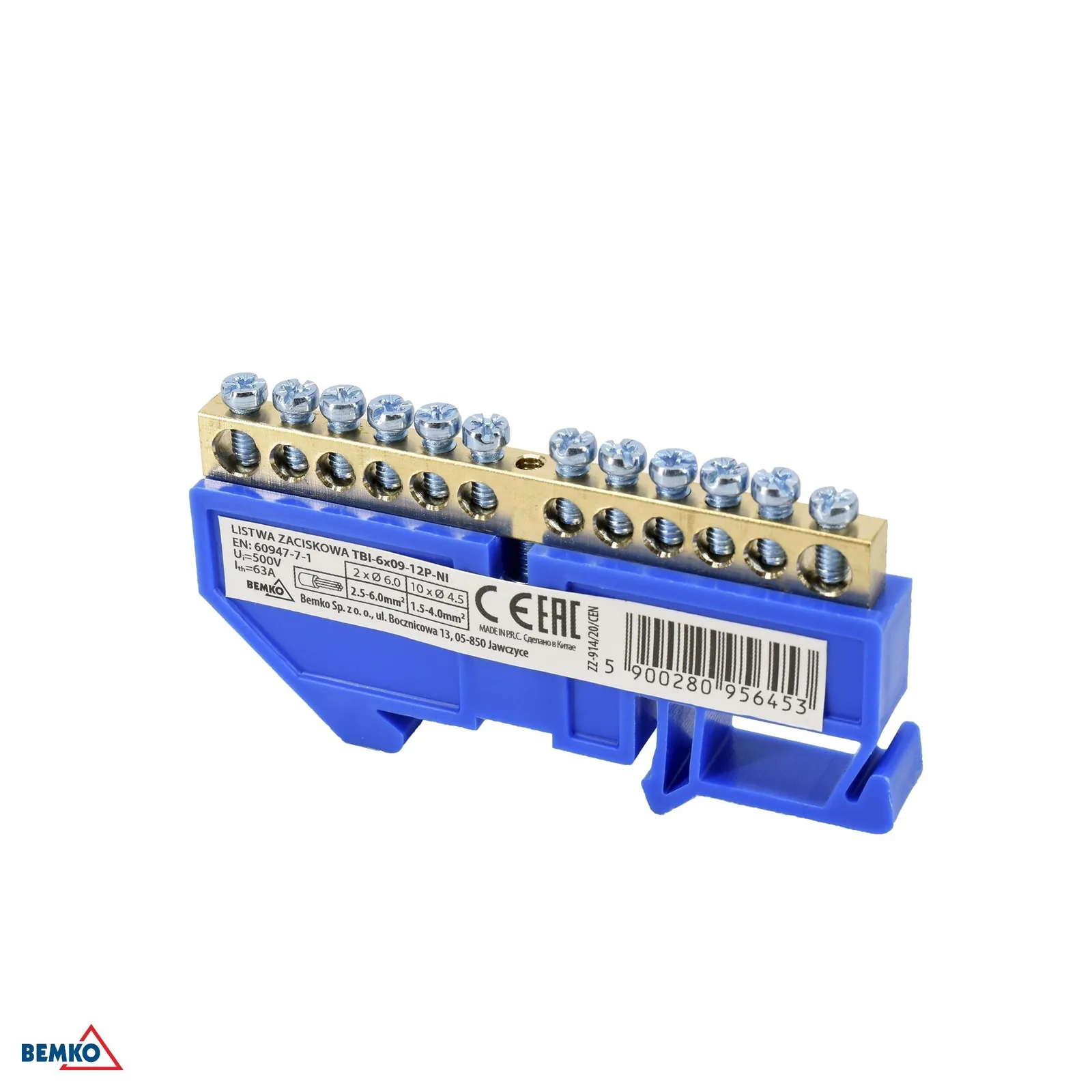 Schelinger moduláris sorkapocs 35 mm DIN-sínre, kék, 63 A, 500 V BM-A18-TBI-6X09-12P-NI