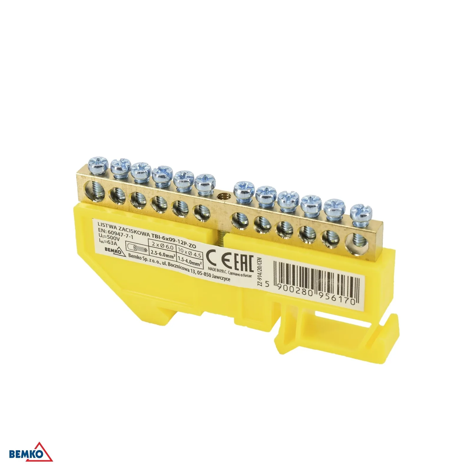 Schelinger prehodna sponka za DIN letev 35 mm 63 A 500 V rumena BM-A18-TBI-6X09-12P-ZO