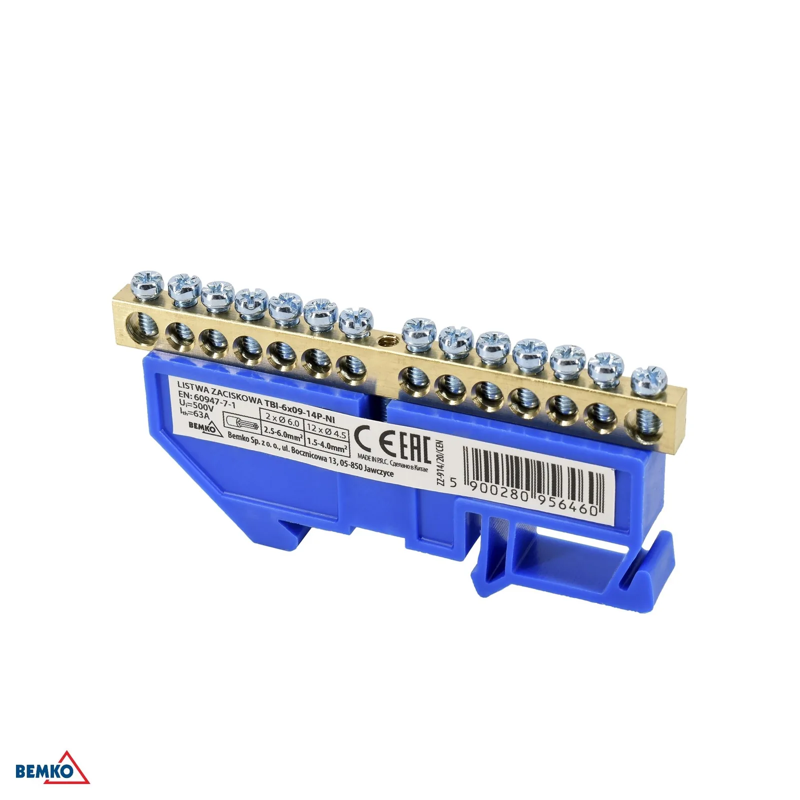 Schelinger sorkapocs DIN sínre 63 A 500 V, kék, 1 modul BM-A18-TBI-6X09-14P-NI