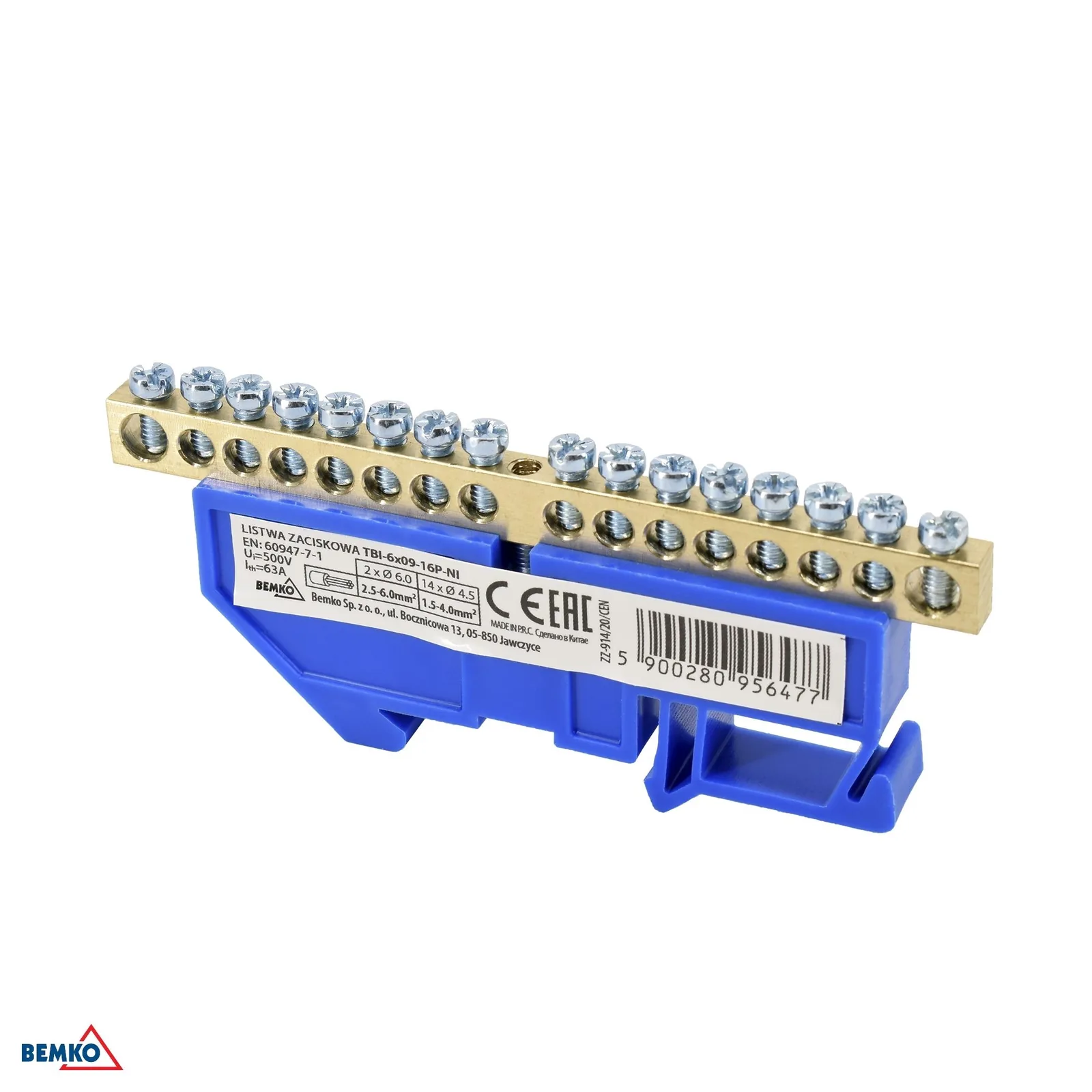 Schelinger moduláris sorkapocs 35 mm-es DIN-sínre 63A 500V, kék, 1 modul BM-A18-TBI-6X09-16P-NI