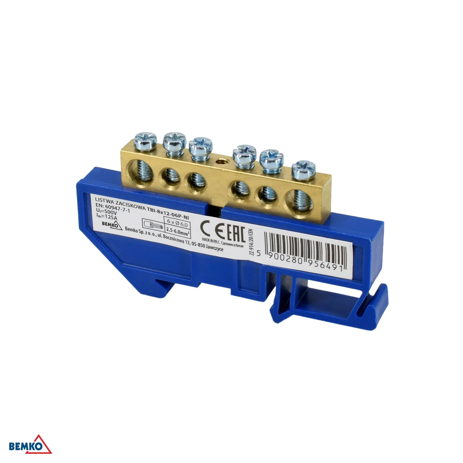 Schelinger svorkovnica za DIN letev 125A 500V, 1 modul BM-A18-TBI-8X12-06P-NI