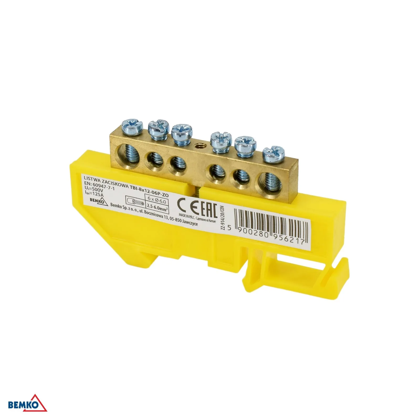 Schelinger sorkapocs DIN-sínre 35 mm, 125 A, 500 V, 1 modul, sárga BM-A18-TBI-8X12-06P-ZO