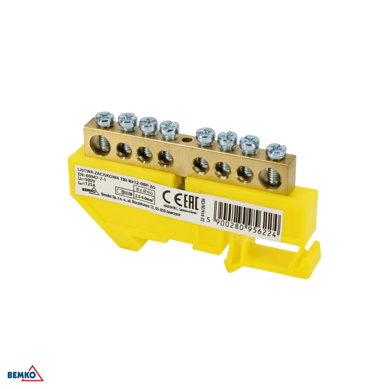 Schelinger sorkapocs DIN sínre 125 A 500 V 8×6 mm sárga BM-A18-TBI-8X12-08P-ZO