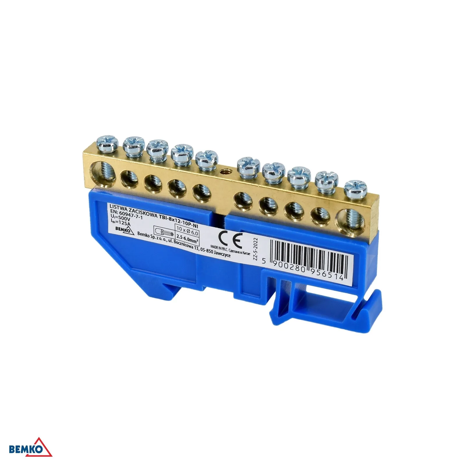 Schelinger sorkapocs 35 mm DIN sínre, 10x6 mm², 125 A, 500 V, kék BM-A18-TBI-8X12-10P-NI