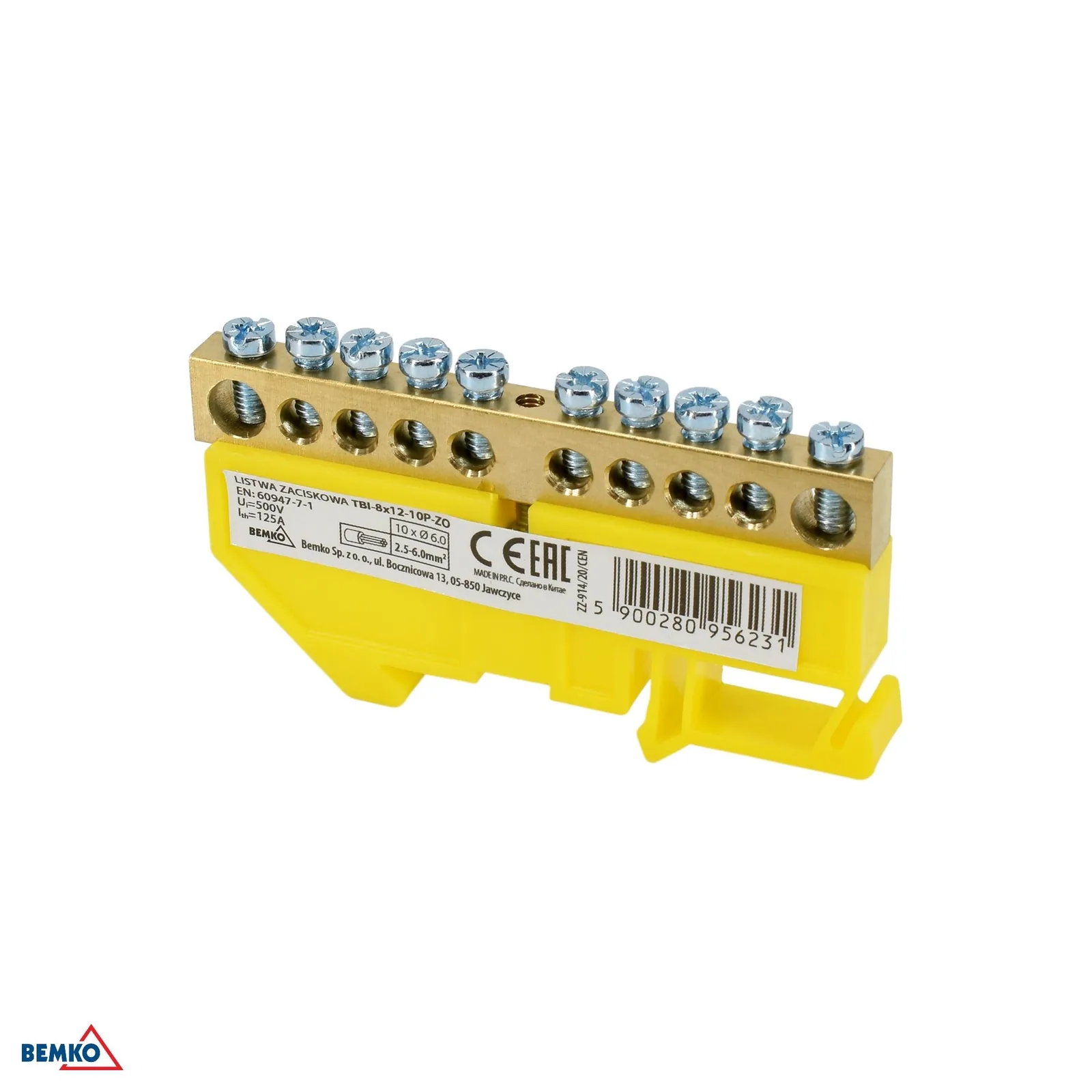 Schelinger sorkapocs DIN sínre 35 mm 125A 500V 10× 6 mm 1 modul BM-A18-TBI-8X12-10P-ZO