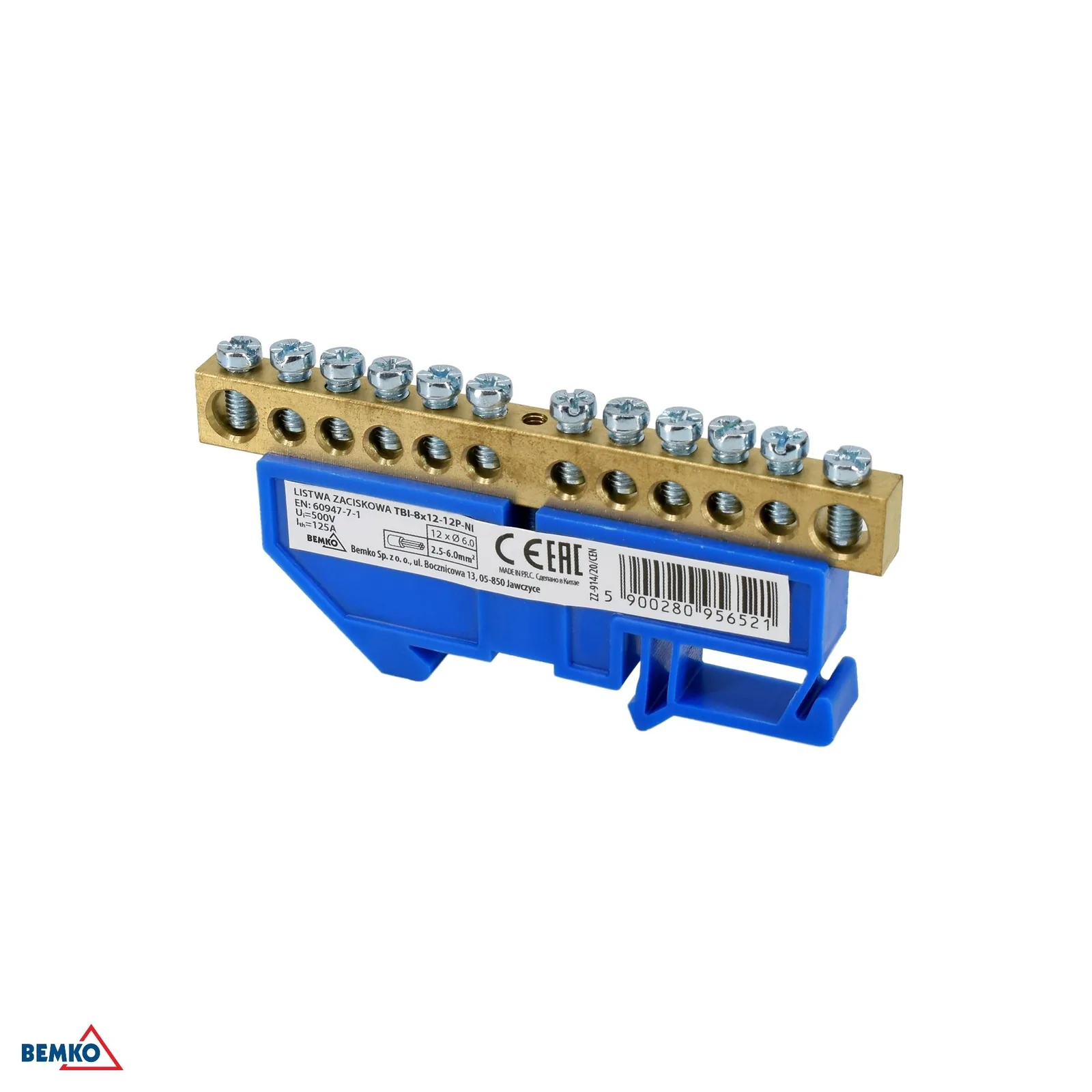 Schelinger sorkapocs DIN sínre 12X6 mm, 125A, 500V, 1 modul BM-A18-TBI-8X12-12P-NI