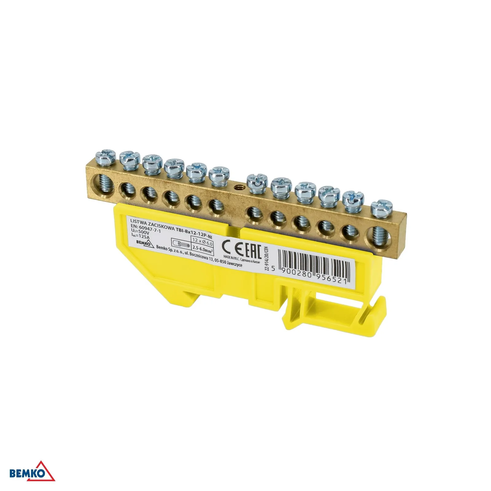 Schelinger sorkapocs DIN sínre 35 mm, 12 pólusú, 125 A, 500 V, sárga BM-A18-TBI-8X12-12P-ZO