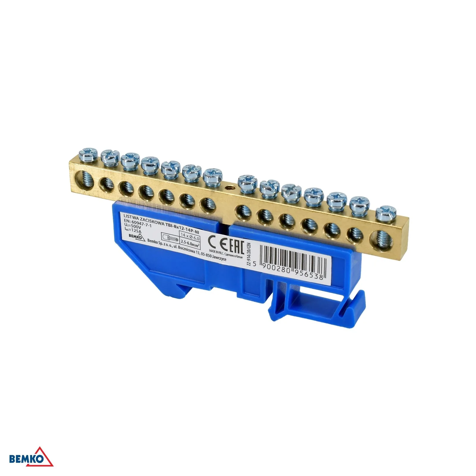 Schelinger sorkapocs DIN-sínre 125A 500V, kék, 14 x 6 mm, 1 modul BM-A18-TBI-8X12-14P-NI