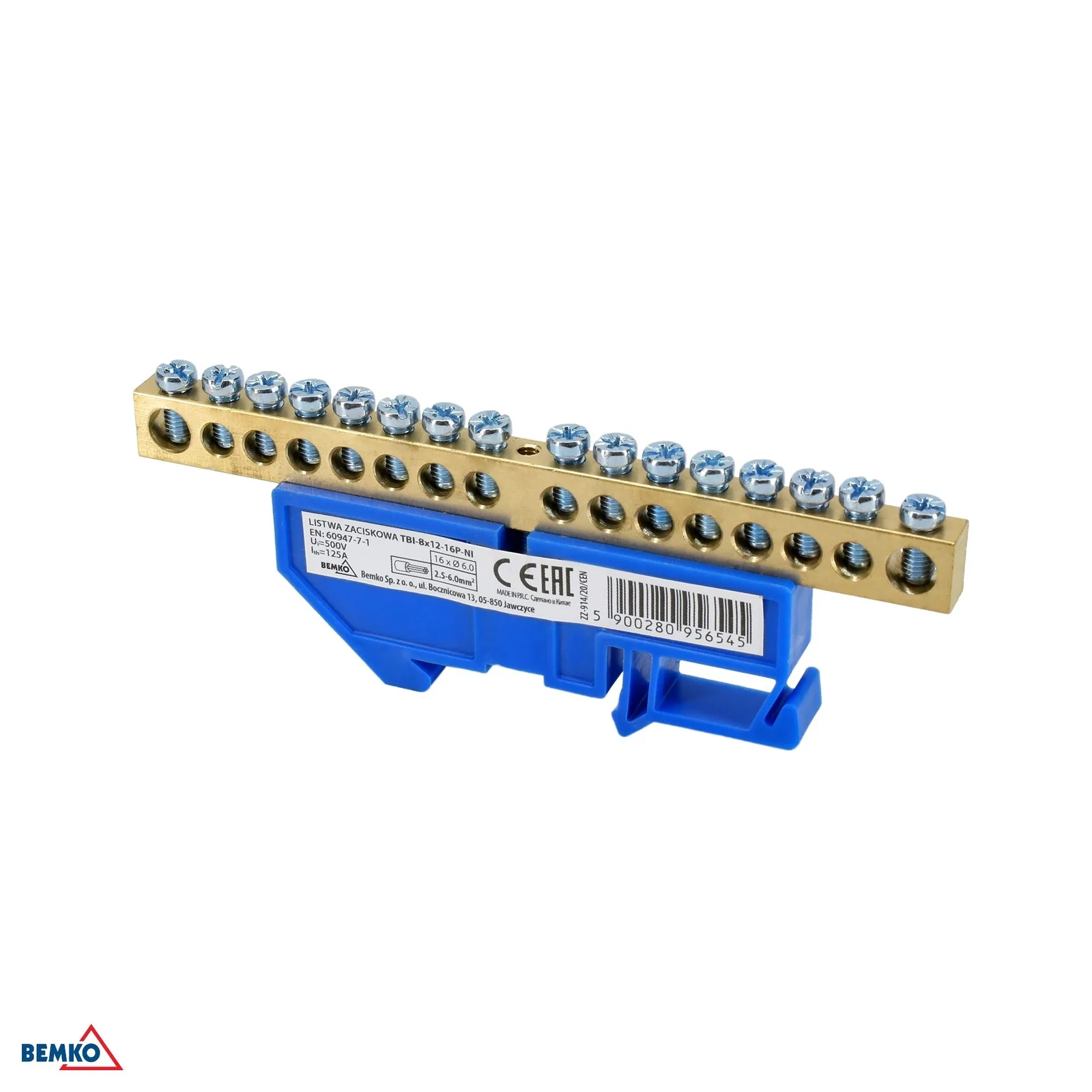 Schelinger sorkapocs 35 mm-es DIN sínre, 125 A, 500 V, 1 modul, kék BM-A18-TBI-8X12-16P-NI
