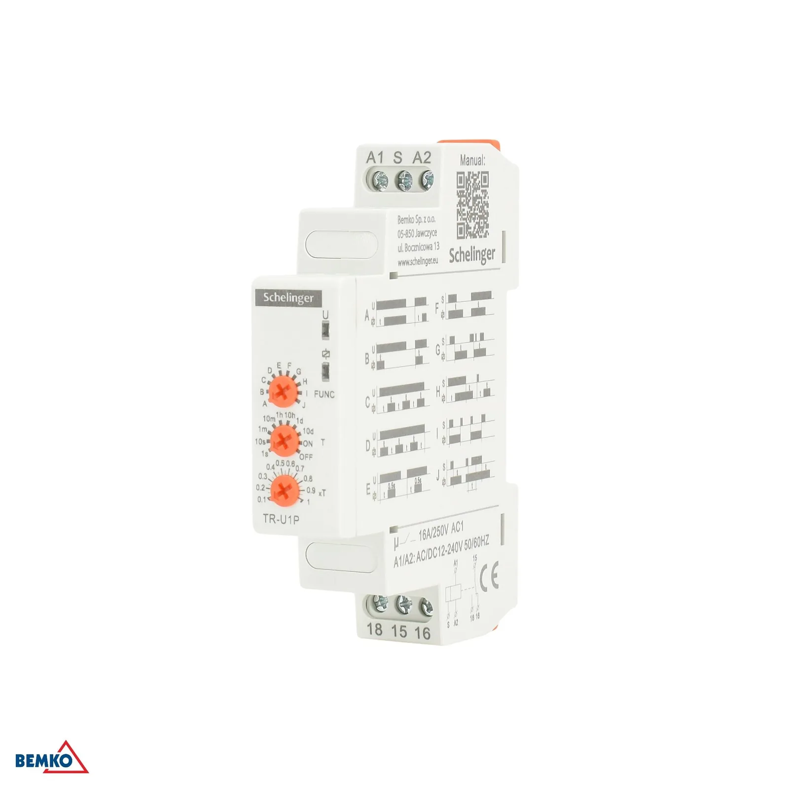 Schelinger multifunkciós időrelé DIN-sínre, 1P 16 A 12–240 V AC/DC IP20 BM-A26-TR-U1P