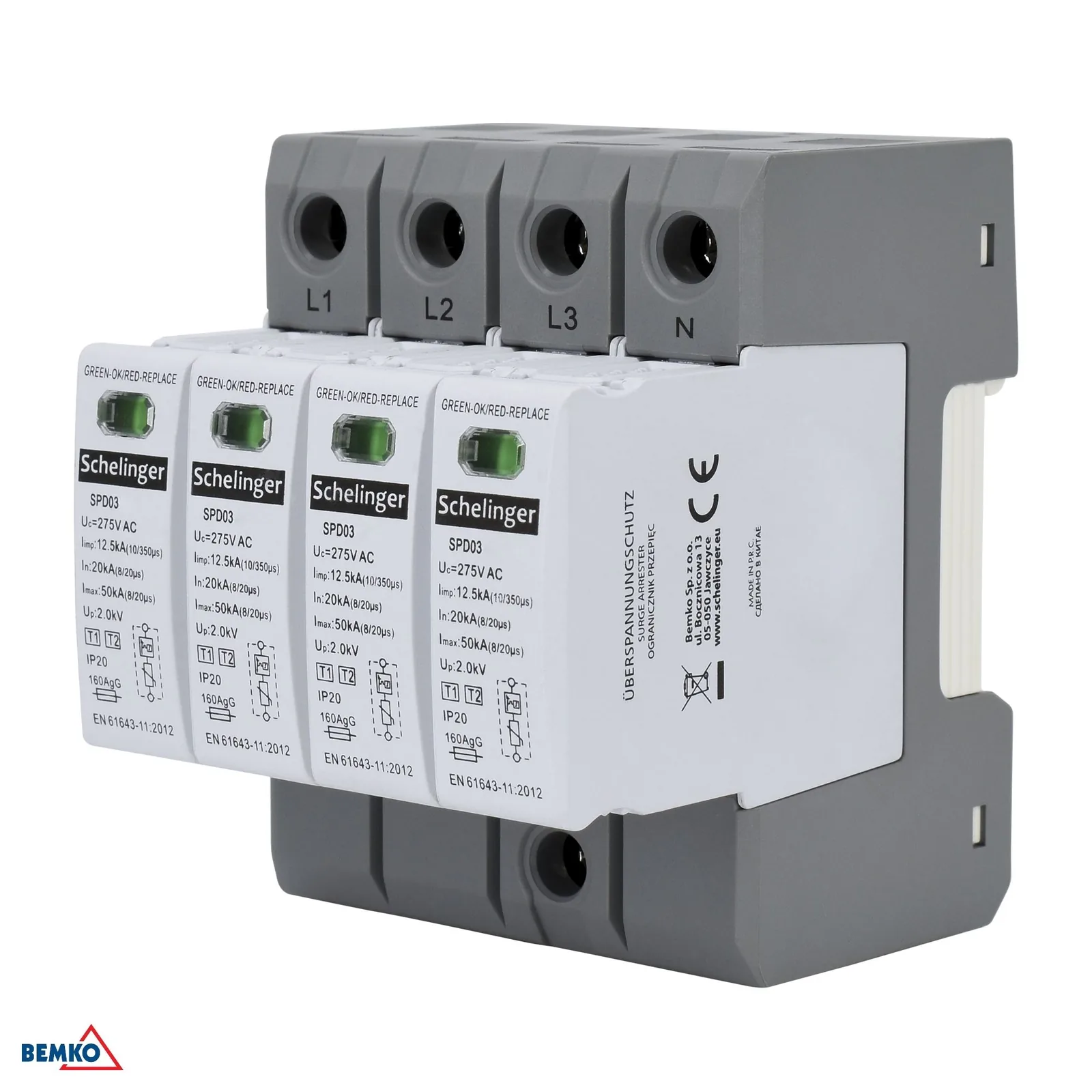 Túlfeszültség-védelmi készülék elosztószekrénybe 4P T1+T2 (B+C) 12,5 kA Schelinger BM-A51-SPD03-4P-B+C
