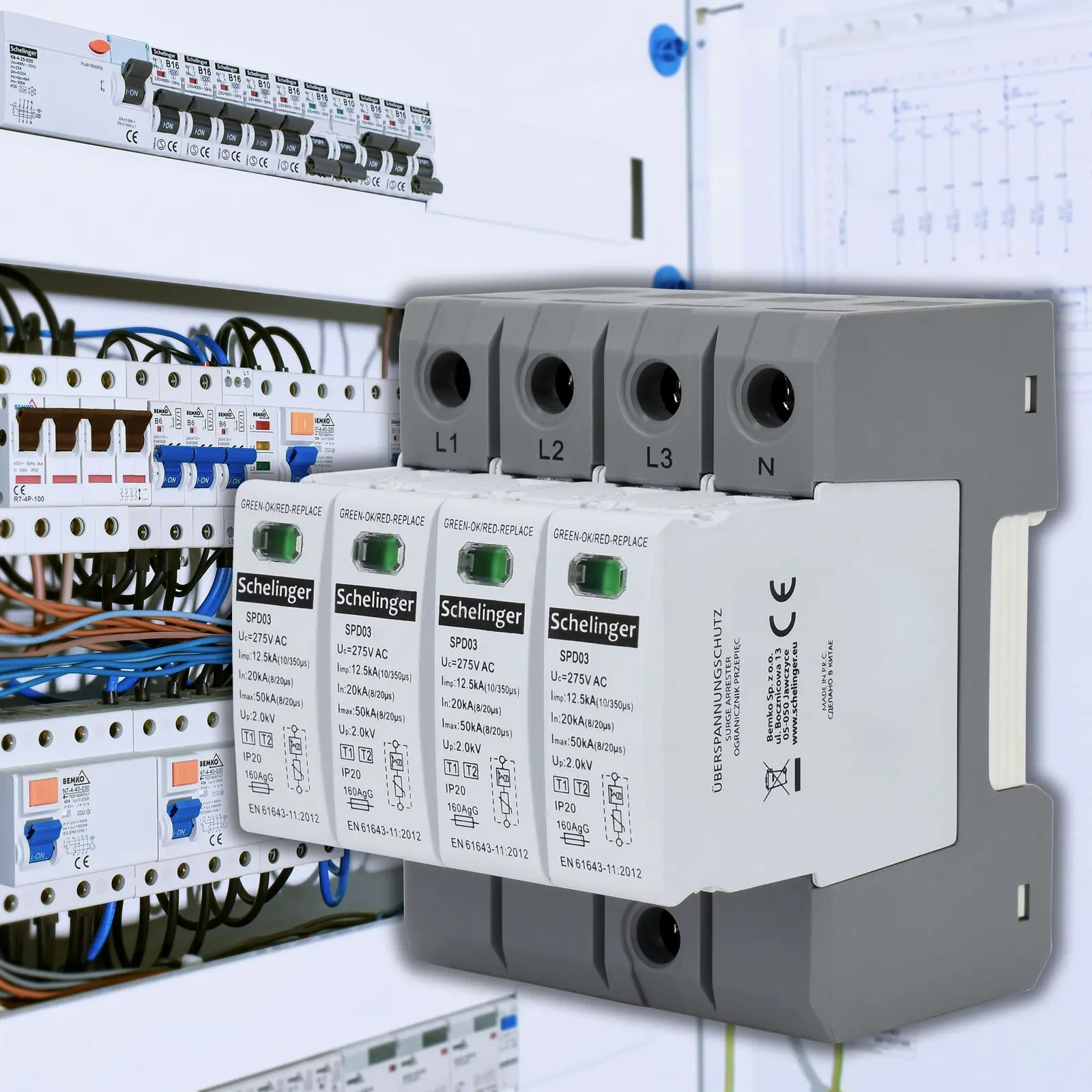 Túlfeszültség-védelmi készülék elosztószekrénybe 4P T1+T2 (B+C) 12,5 kA Schelinger BM-A51-SPD03-4P-B+C