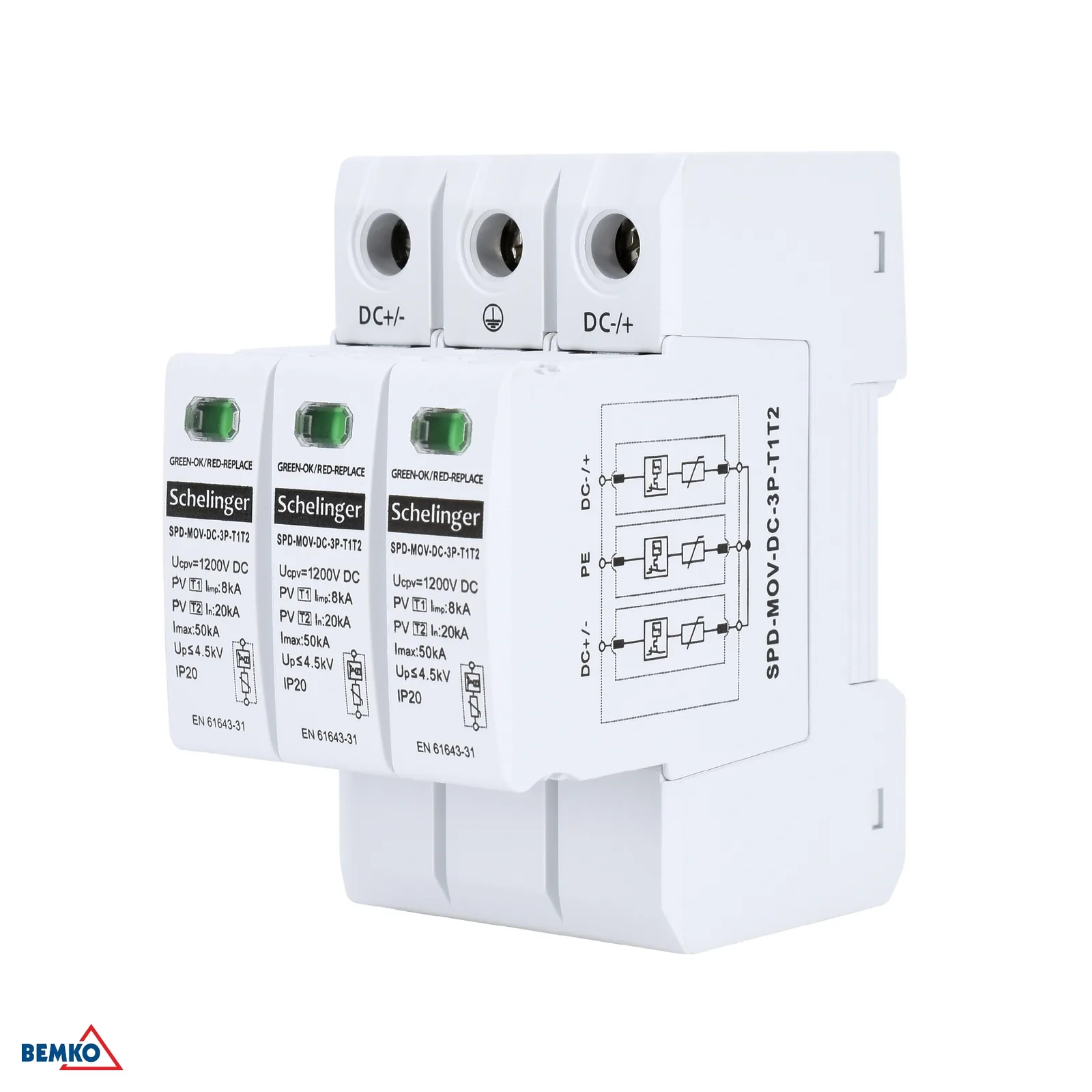 Túlfeszültség-védelem fotovoltaikához 3P DC 1200 V T1+T2 DIN sínre Schelinger BM-A53-SPD-MOV-DC-3P-T1T2