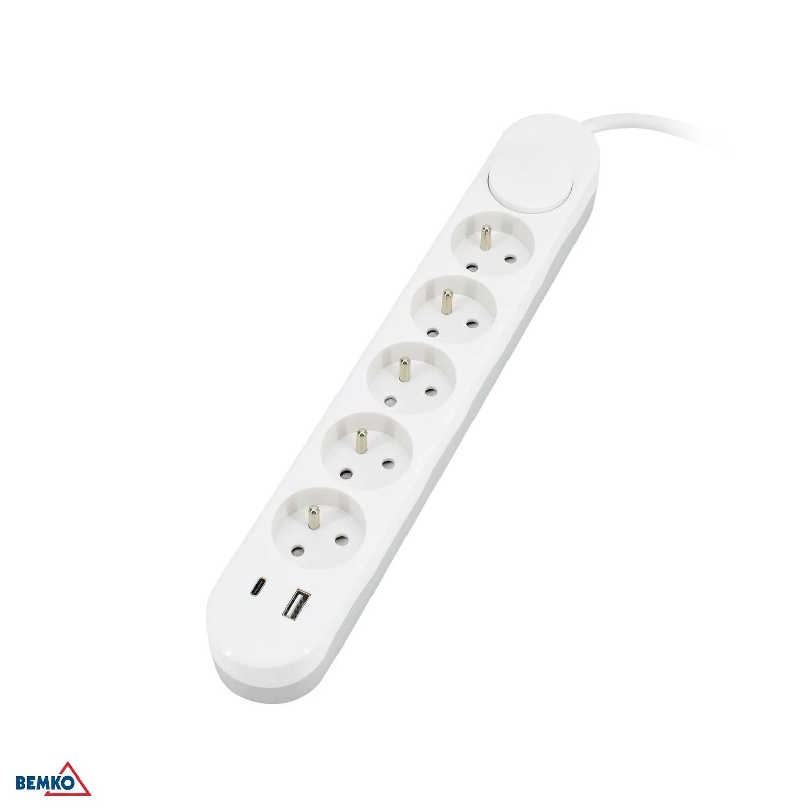 5 aljzatos hosszabbító kapcsolóval és 2× USB-vel, 2 m, fehér BM-B05-NB5GW2M-2U