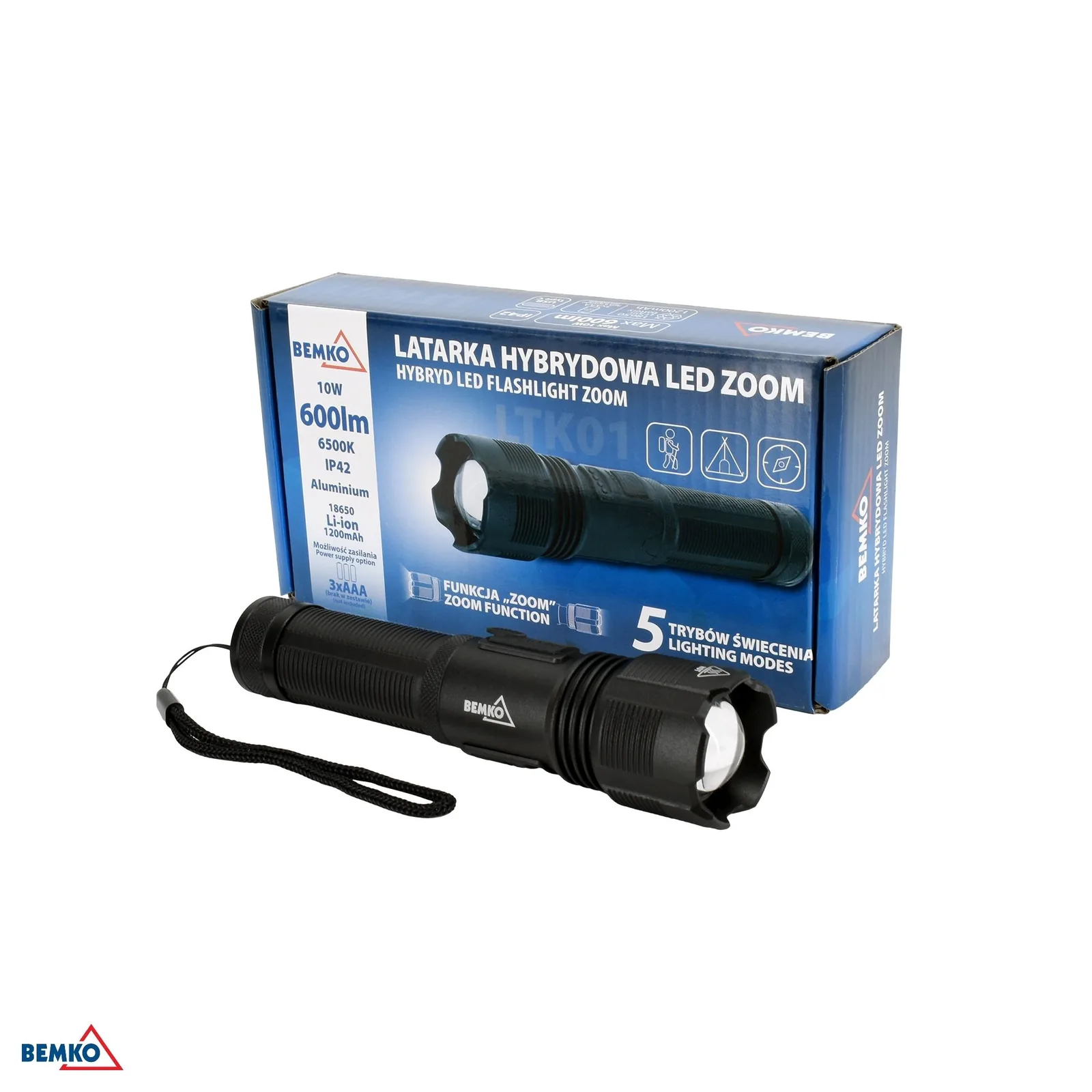 Bemko LED zseblámpa zoom, 1200 mAh, IP42, BM-C49-LTK01