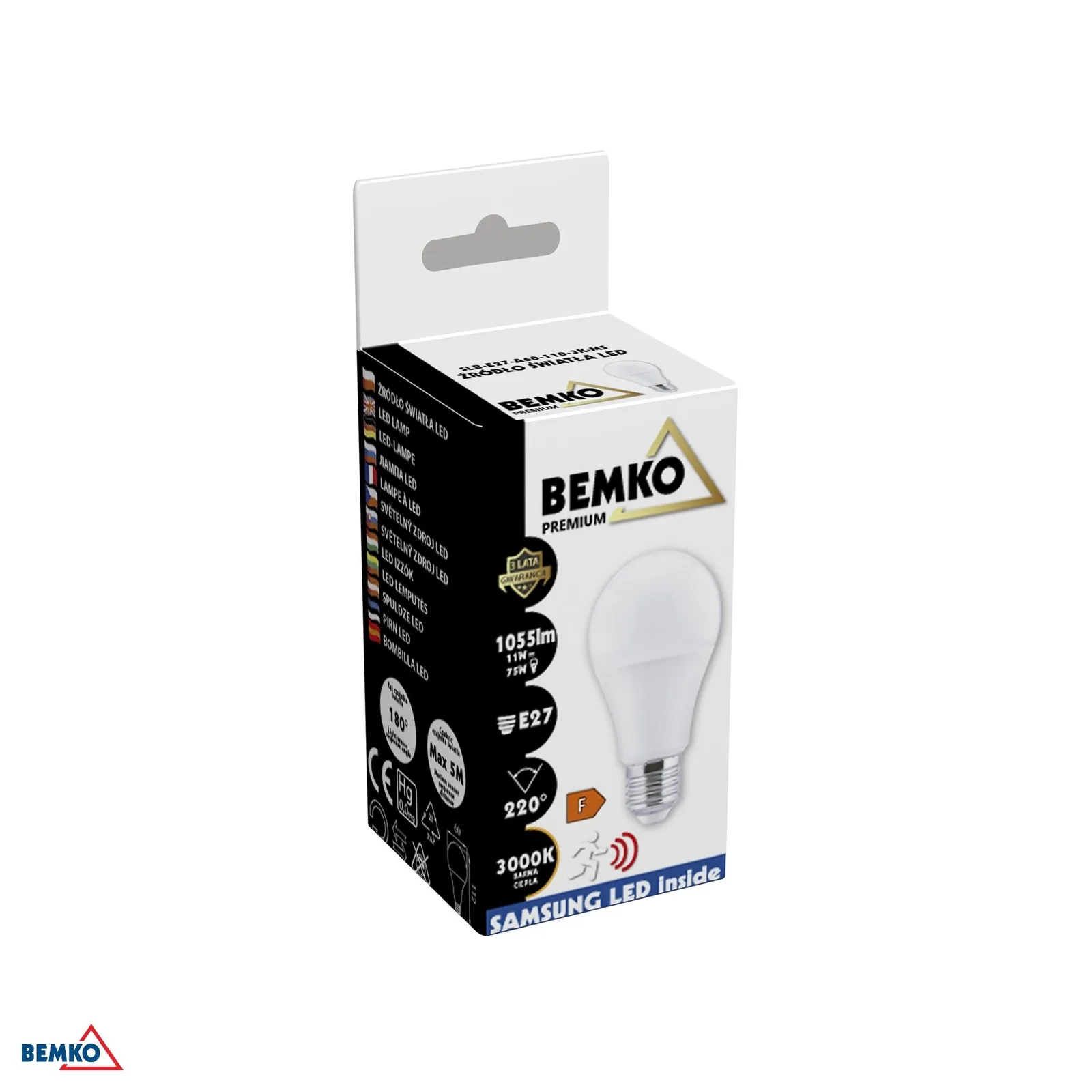 LED žarnica E27 A60 11W 1055 lm 3000K s senzorjem mraka in gibanja BM-D84-SLB-E27-A60-110-3K-MS