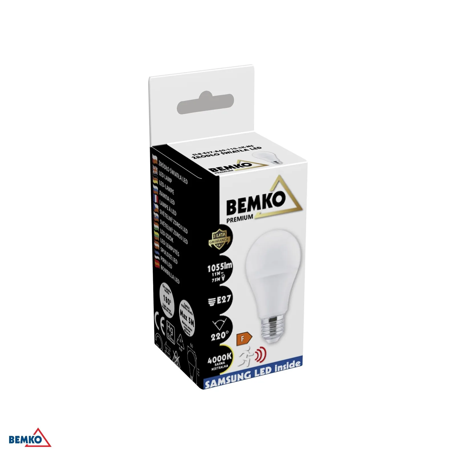 LED žarnica E27 A60 s senzorjem gibanja in mraka 11W 1055 lm 4000K BM-D84-SLB-E27-A60-110-4K-MS