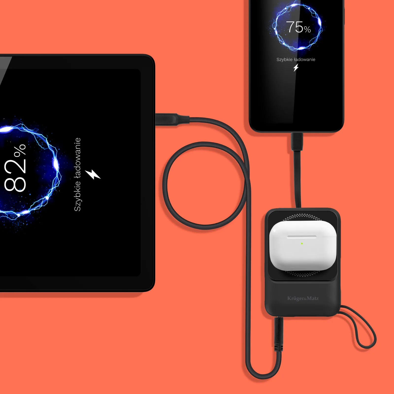 Magnetická powerbanka s bezdrôtovým nabíjaním 10000 mAh Krüger&Matz čierna L-KM0913-B detail 6