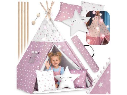 Teepee stan pre deti Nukido so svetlom - ružový s hviezdičkami