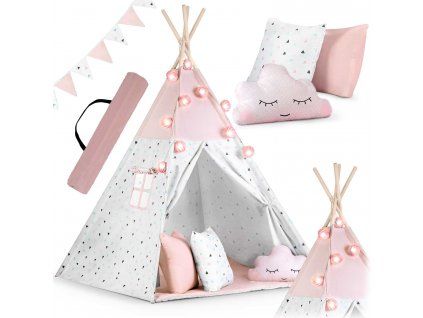 Teepee stan pre deti s girlandou a svetlami Nukido - ružový